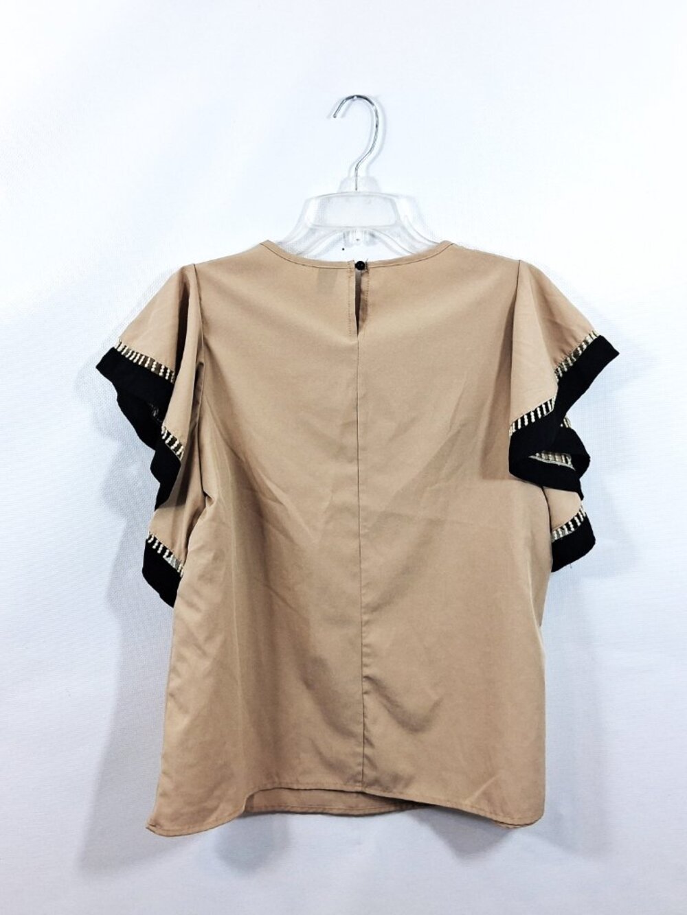 Flounce Sleeve Blouse Scoop Neck Contrast Tan Brown Black L, Shein - Picture 6 of 7